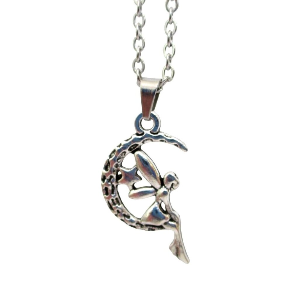 New Fairy Pendant Necklace With Crescent Moon 18" Stainless Chain Fantasy Faery